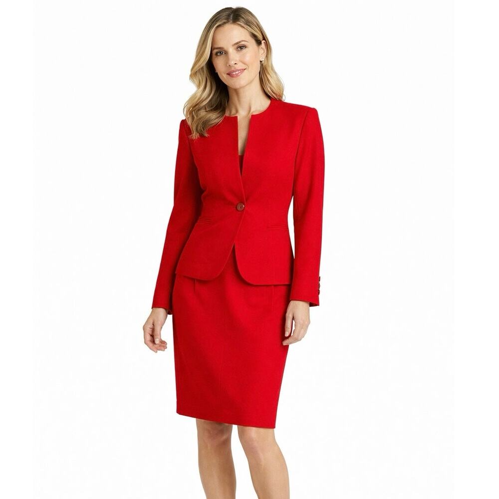 Saville Petite Red Wool Skirt Suit 2P Women 2P Vintage Career Jacket Skirt Set